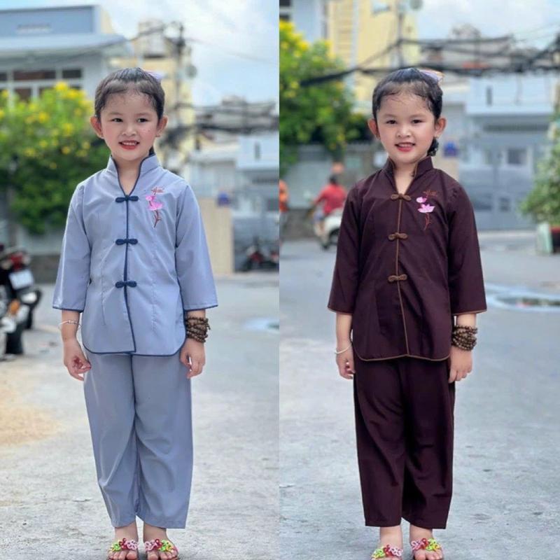Product Introduction of Đồ Lam Đi Chùa Sẩm Thẳng Bé # vải kate mịn thêu hoa sen Cho Bé 2