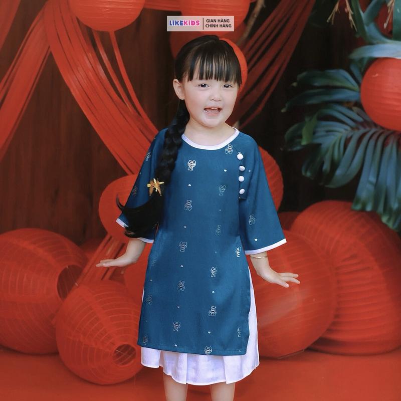 Bộ ÁO DÀI và chân váy lụa vân gỗ cho bé gái  LikeKids MH37 D43