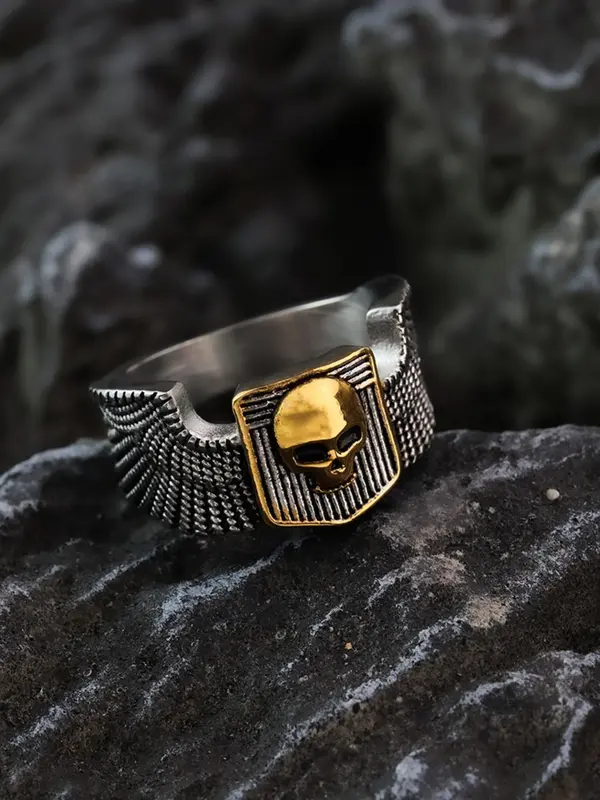 Vintage Stainless Steel Engraved Skull Wide Ring, Punk Fashion Accessories for Both Men & Women 4