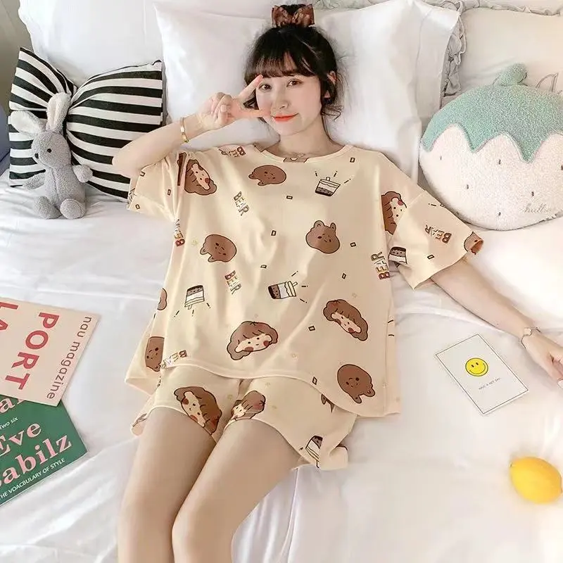 M-XXL Pajamas Women's Summer Popular Short-Sleeved Home Wear Spring and Summer Korean Style Cute Two-Piece Suit