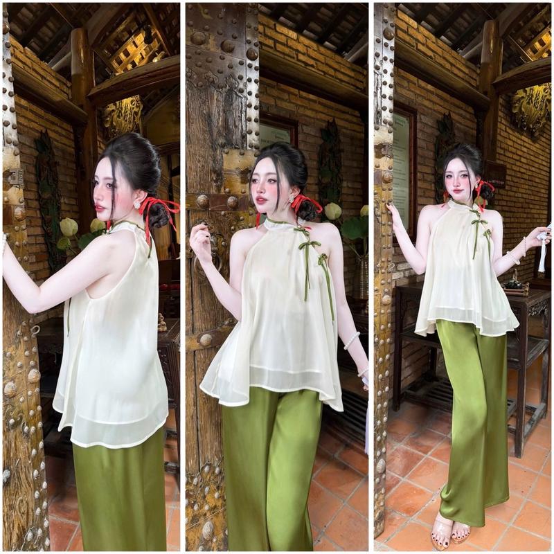 Bộ quần dài yếm voan tơ có nơ 40-65kg Nữ Nhung Áo Women Top