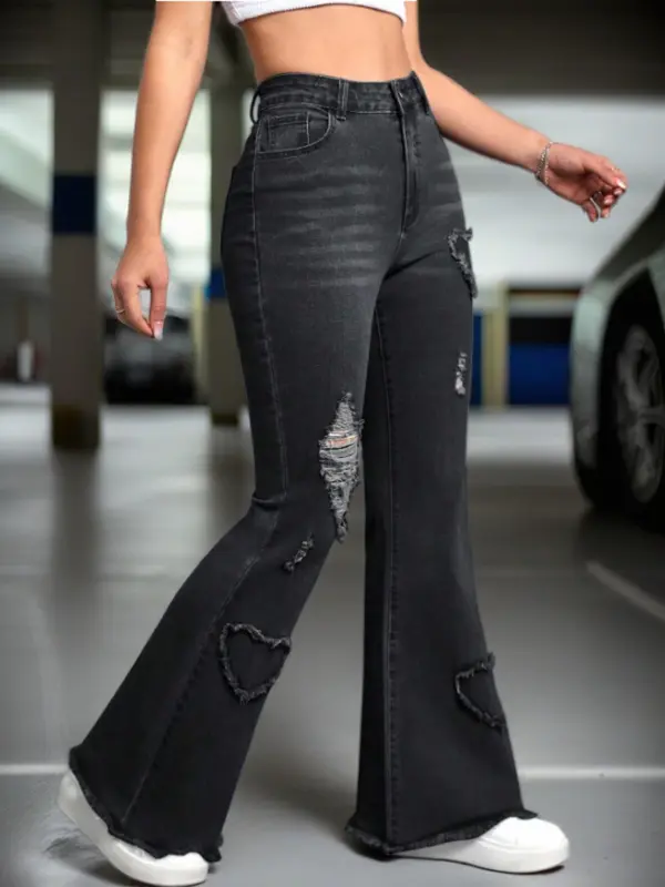 Women's Ripped Flare Leg Jeans, Fashion Casual Button Pocket Denim Pants for Daily Outdoor Wear, Ladies Bottoms for Summer 5