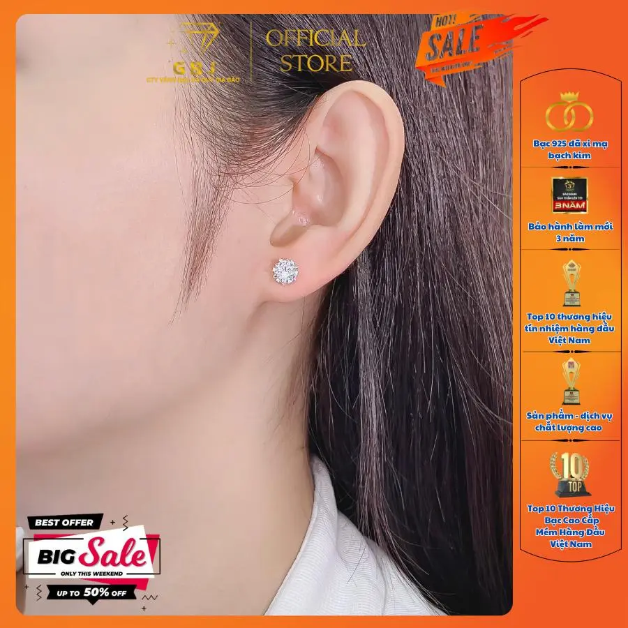 Hoa Tai Bạc 6 Chấu (chốt vặn) Tim Đôi 4Li5 Viên Chủ Moissanite XI KIM Sang Trọng Phong Cách Unisex GBJ963