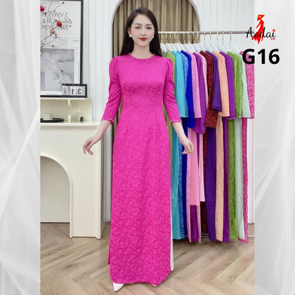 Khả Trang AODAIVN G16 Áo dài Gấm tơ tằm màu hồng sen cổ tròn tay bồng đính hạt chất liệu lụa cao cấp thiết kế tinh tế dành cho nữ