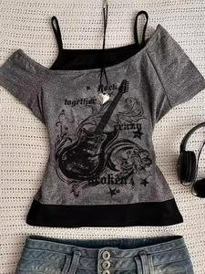 Top tipo halter de manga corta con estampado punk gótico vintage para mujer, camisa suave de estilo urbano, diseño de guitarra, ropa casual para todas las estaciones