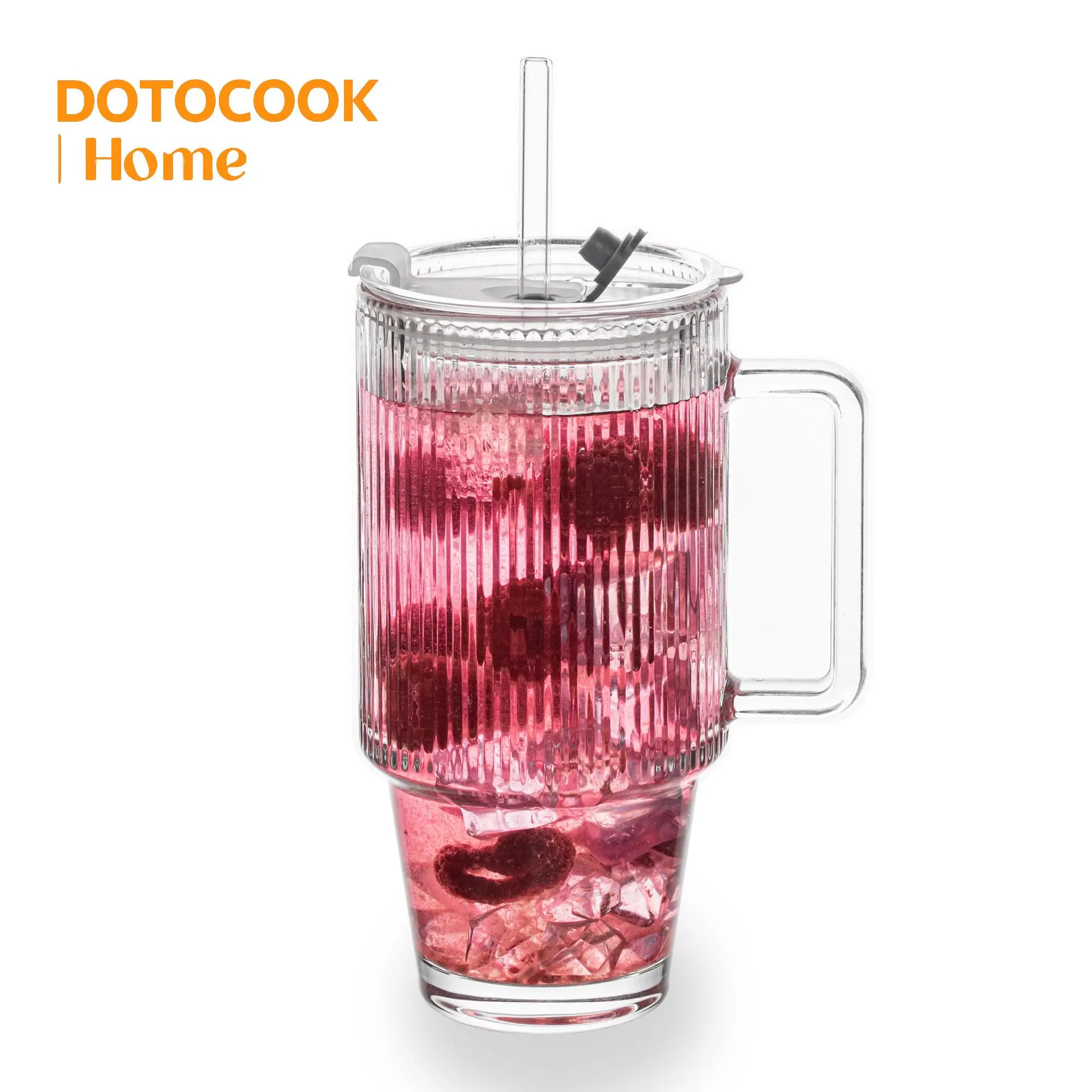 Vertical Striped Glass with Handle, 1 Count Transparent Glass with Glass Straw & Lid, Drinking Cup for Cocktail, Juice, Milk Tea, Housewarming Gift