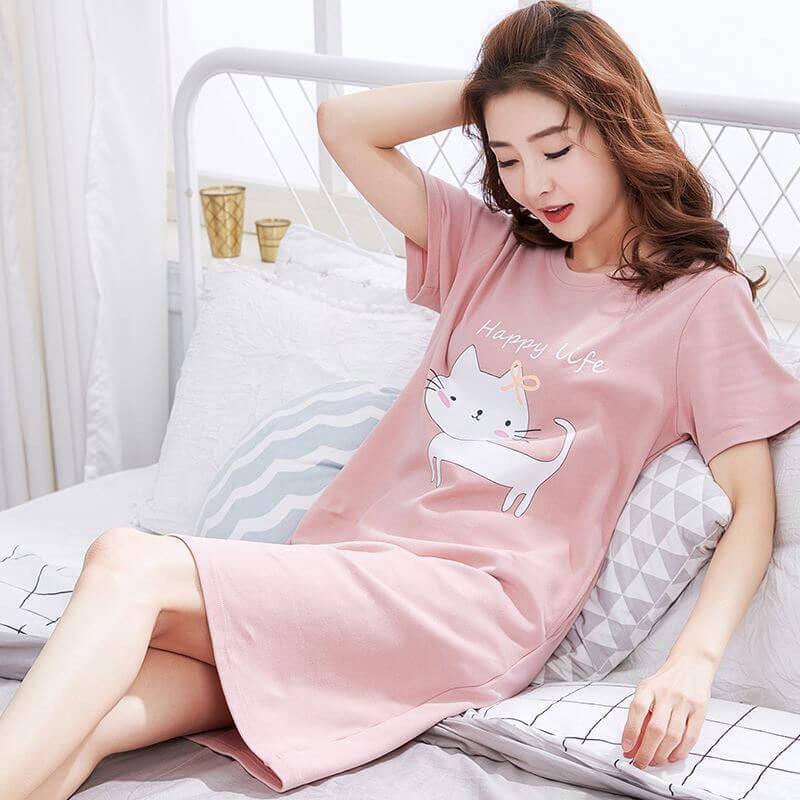 Đồ Ngủ Thời Trang, Dễ Thương Và Dáng Rộng Vừa Vặn, ngắn Tay, Váy Ngủ Dài Trung Bình Đồ Mặc Nhà Nữ Women Dress 4
