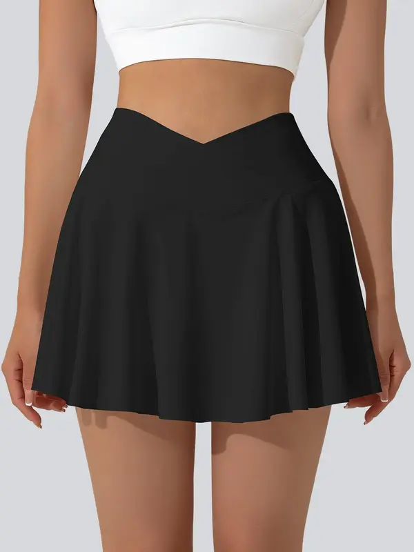 Women's Solid Color V-Shaped Waist Tennis Skort, Casual Sporty Comfortable Breathable Anti-Exposure Tennis Skort with Built-In Pocket for Summer, Ladies Sportswear for Tennis Golf Running 3