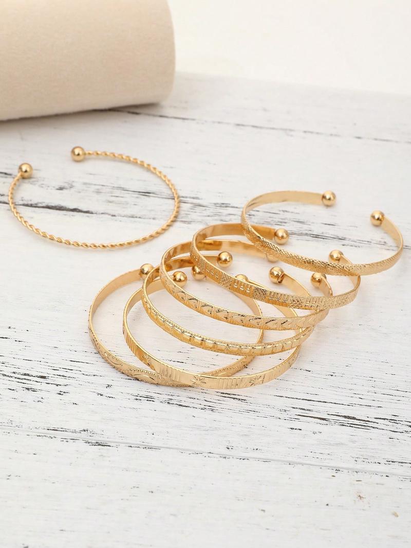 Product Introduction of 7pcs/Set European And American Style Bangle Set With Hammered, Arrow, Floral, Exaggerated Hexagram Design, Twist Open Bracelets Jewelry Gifts 9