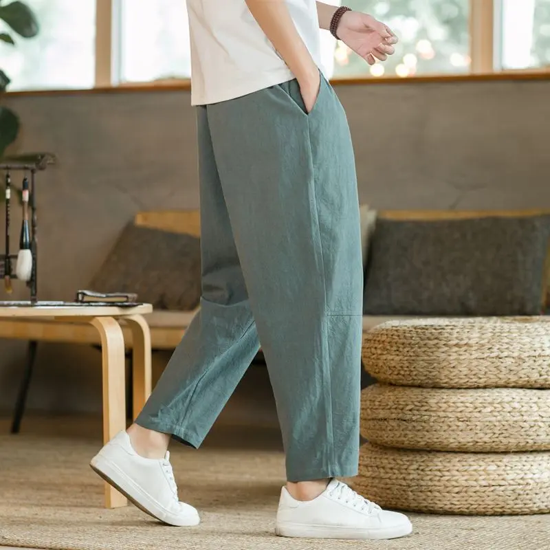 Quần Nam Vải Lanh Phong Cách Trung Quốc Quần Thường Ngày Dáng Rộng Thích Hợp Cho Mùa Hè, Quần Dài Mỏng, Ống Rộng, Quần Harem, Thiết Kế Đèn Lồng, Được Làm Bằng Vải Lanh Bông, Năm 2025