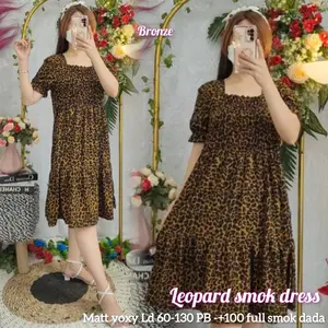 Bronze Leopard Smok Dress Karet Dada Motif Kekinian Trendy Baju Wanita Pesta Casual Pendek Panjang Voxy Premiumsmok Anti Kusut Nyaman Di Pakai