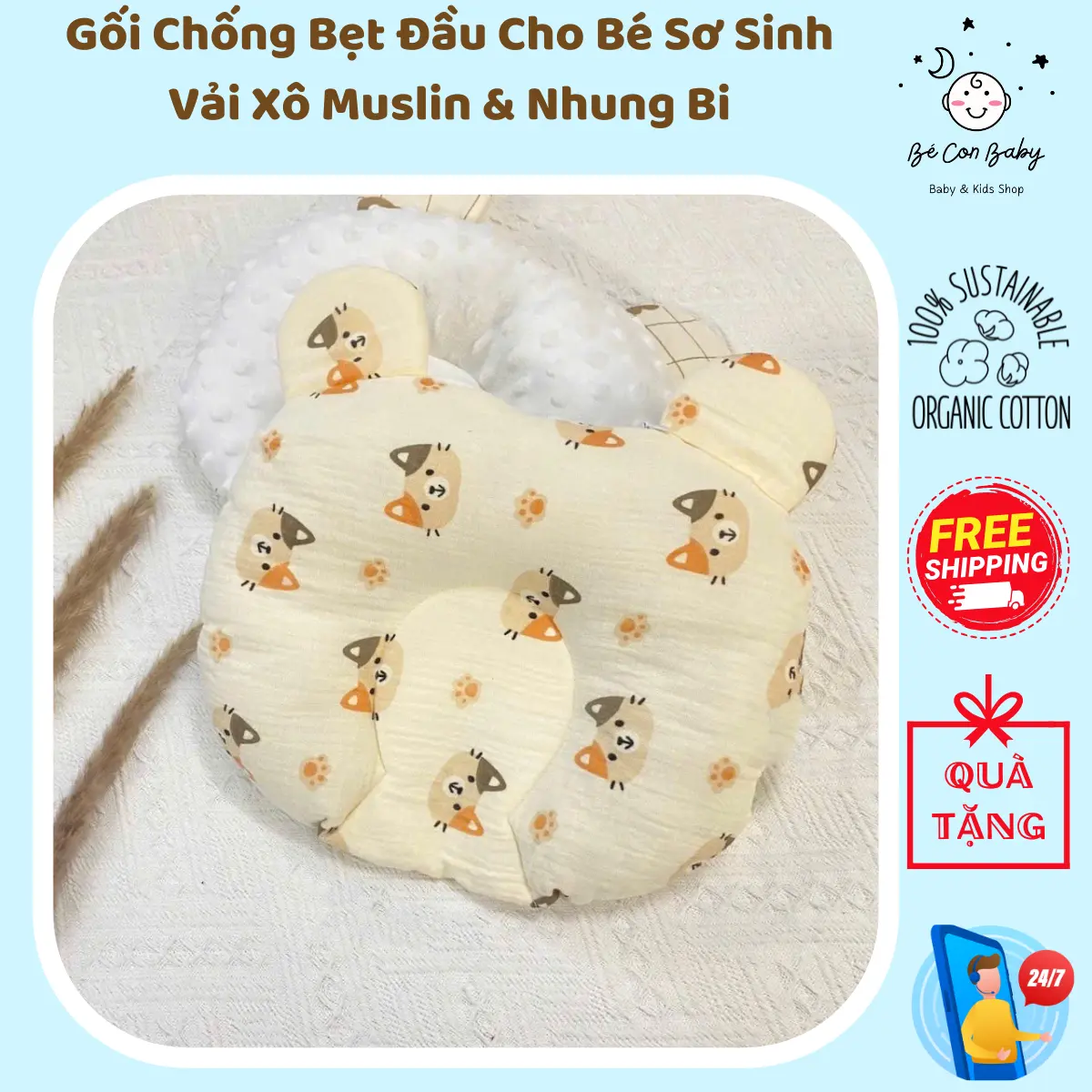 Gối Chống Bẹp Đầu Cho Bé Sơ Sinh, Gối Lõm Chống Méo Đầu, Vải Xô Mix Nhung Hạt, Nhiều Họa Tiết Cho Bé