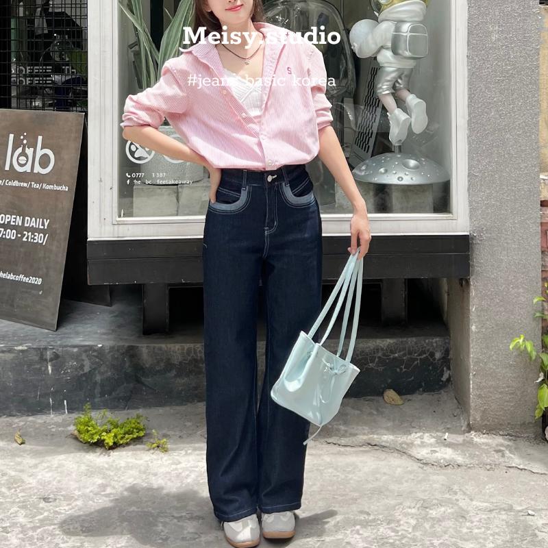 Quần jeans nữ ống rộng xuông Meisy chất Jeans co giãn nhẹ, quần màu xanh than phong cách basic Hàn quốc túi kiểu gấu 1 p