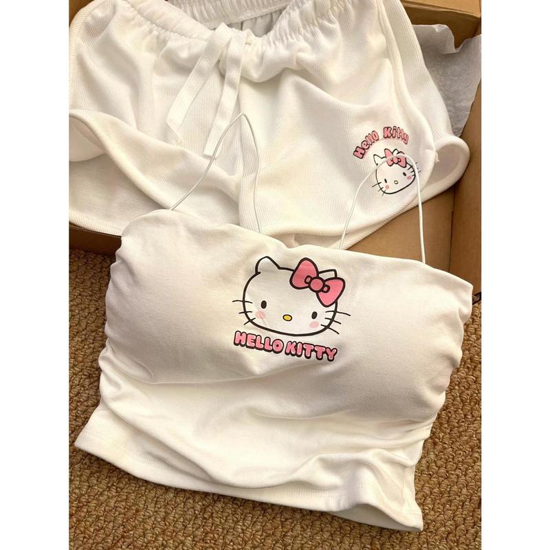 Đồ Ngủ Hai Dây In Hình Hello Kitty, Dễ Thương, Có Đệm Ngực, Bộ Đồ Cho Nữ, Hàng Mới Về Mùa Hè, Phổ Biến Trên Internet, Quần Đùi Ôm Sát, Thích Hợp Mặc Nhà 2
