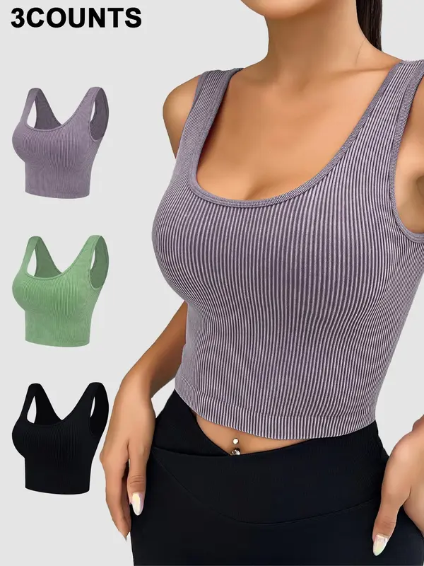 Women's Solid Scoop Neck Ribbed Sports Vest, Casual Comfy Breathable Quick Drying Sleeveless Crop Top for Yoga Gym Workout Running, Activewear, Ladies Sportswear Clothing for All Seasons Indoor Outdoor Wear 6