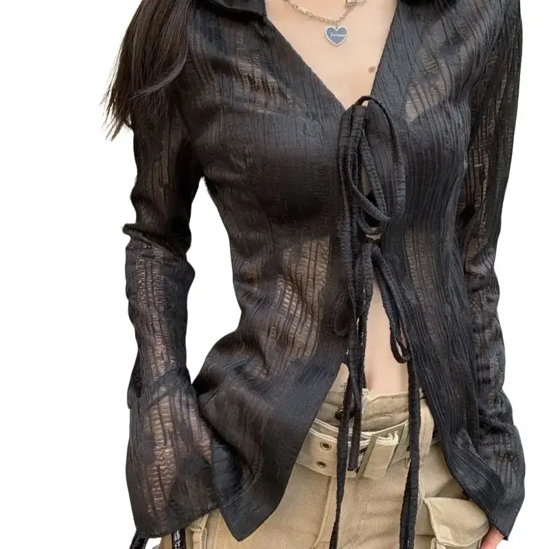 Áo Sơ Mi Ren Jacquard Thiết Kế Còi Chống Nắng, Phong Cách Cô Gái Nóng Bỏng Pháp, Mỏng, Thích Hợp Cho Mùa Xuân Và Mùa Thu, Cardigan Tup, Dễ Thương Và Gợi Cảm Women Top Denim Blazer Shirt Khuy