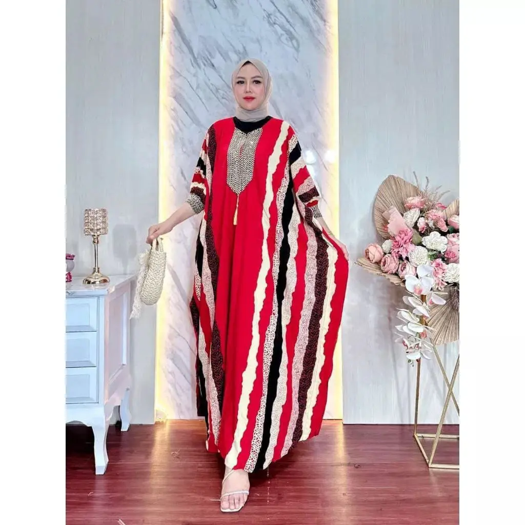 Dress Panjang Kaftan Motif Salur Bahan Rayon Super Tebal Renda Ory Sultan Mewah Wanita Muslim Dewasa Zipper Busui Gamis Lebaran Nyaman tunik syar'i remaja style korea