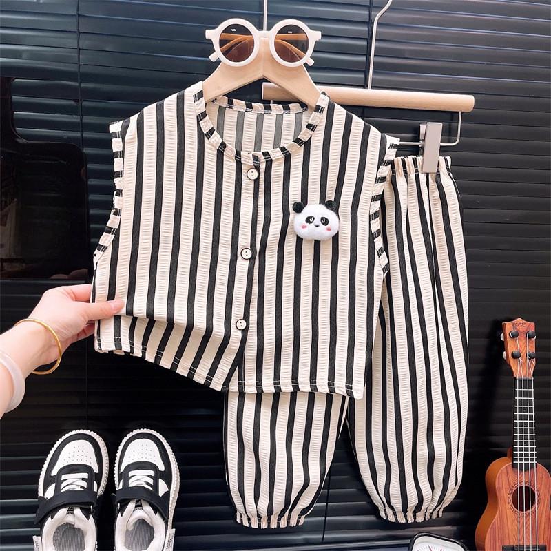 Bộ Quần Áo Mùa Hè Cho Trẻ Em, Bộ Đồ Sọc Cho Bé Trai, Quần Dài Áo Vest Đồ Trang Trí Gấu Trúc Cho Bé Gái, Bộ Hai Mảnh, Thích Hợp Cho Bé 1-7 Tuổi