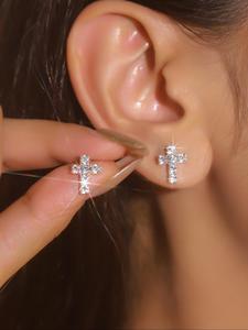 Arete de botón con diseño de cruz decorado con diamantes de imitación, Joyería elegante para fiestas, Decoración de ropa diaria, Joyería comodín y exquisita para regalo de cumpleaños