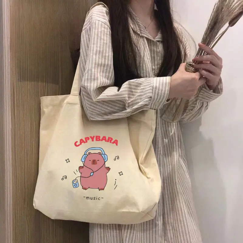 Túi tote Labubu Capy Bara túi vải canvas phong cách Hàn quốc có khóa miệng ngăn phụ bên trong thời trang ulzzang Bag Nữ Chữ Nhật Hình Chữ Nhật Đeo Vai Da 6