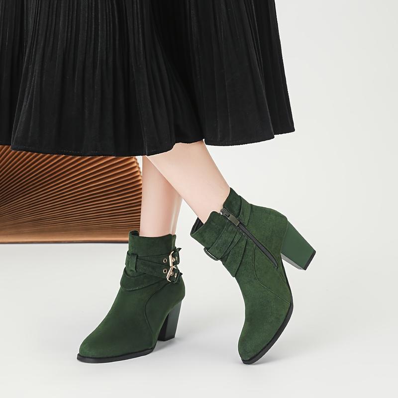 Women's Ankle Boots with Side Zipper and Straps Chunky Heel Comfortable Height-Increasing Lace-Up Short Boots 3