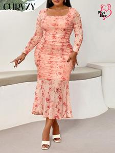 CURVZY Plus Size Floral Print Ruched Sheer Mermaid Dress, Elegant Long Sleeve Square Neck Mesh Dress for Party Holiday Wedding Guest, Women's Clothes for All Seasons