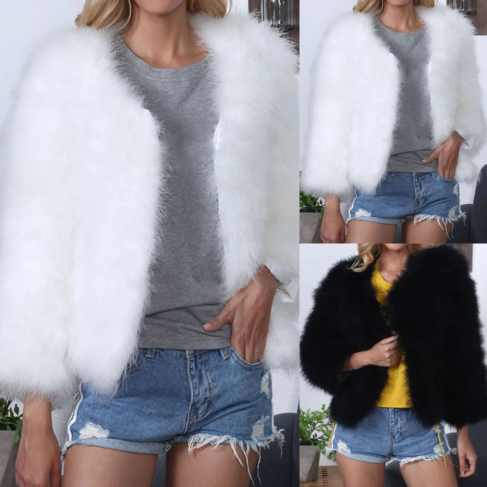Women's fashionable solid color warm artificial fur jacket, winter casual lapel jacket