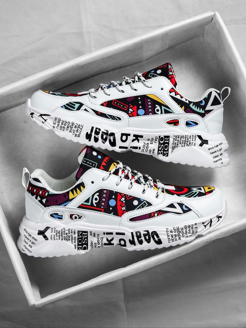 Product Introduction of Men's Fashion Random Letter Graffiti Pattern Lace Up Low Top Sneakers, Trendy Breathable Comfortable Sports Running Shoes, Perfect for Students and Outdoor Sports 2