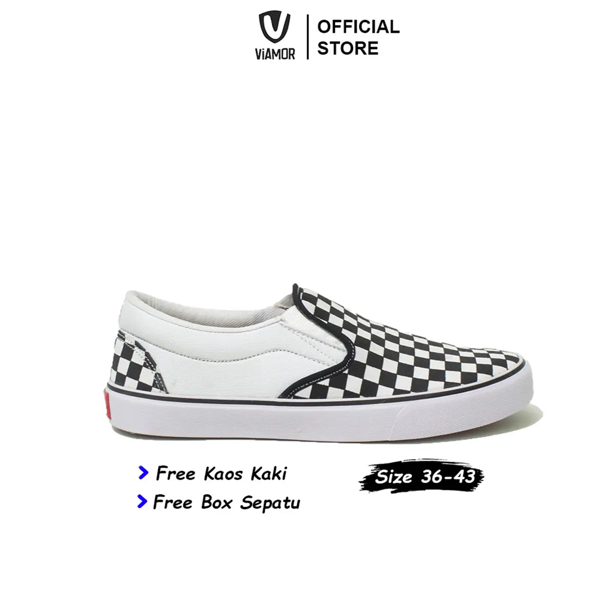 Sepatu Viamor Slip On Checkboard Black White Pria Wanita Size 36-43 Karet Kerja Shoes Flat Sneakers