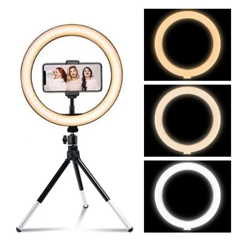 Lampu Cincin Fotografi LED, 3 Mod, Lampu Cincin Selfie Boleh Dimalapkan, Dengan Tripod dan Penyangga Telefon, Sesuai untuk Video, Solekan Langsung, Lampu Isi