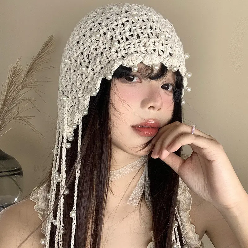 Mũ Đan Móc Mũ Dệt Kim Phong Cách Dân Tộc Cho Nữ, Mùa Hè, Với Mặt Dây Chuyền Tua Rua Ngọc Trai Rỗng