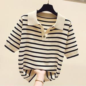 Loose Polo Collar Striped Ice Silk Knitted Short Sleeve T-Shirt for Women 2025 Summer Button Top for Women