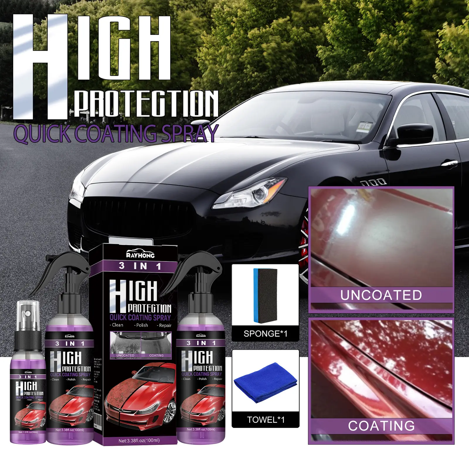 3-in-1 High Protection Fast Car Paint Spray Automatic Hand Paint Color Changing Cleaning Coating Spray