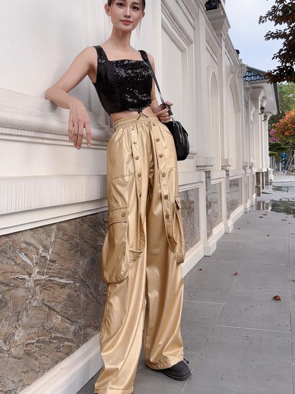 Quần Da màu bạc vàng nam nữ dáng suông ống rộng túi hộp hiphop phong cách đường phố hologram nhảy dancer