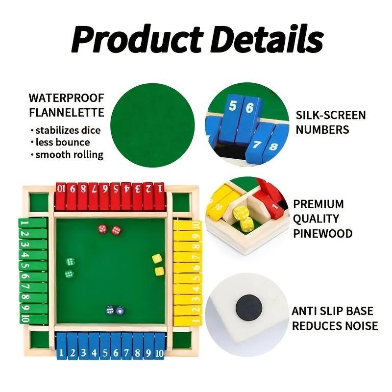 Product Introduction of Wooden Shut the Box Dice Toy, 1 Set Classic 4 Sided Wooden Board Game, Tabletop Version Math Games for Party, Christmas Gift 15