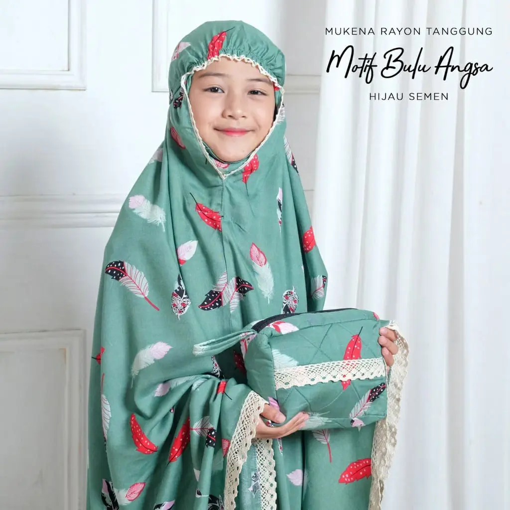 Mukenah Anak tanggung Rayon Motif Bulu Angsa Usia 6-9 Tahun Navy Hitam