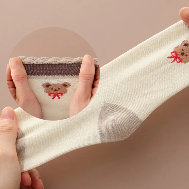 Tất Cotton Ấm Áp Cho Bé, 5 Đôi / lô, Gấu Hoạt Hình, Mùa Thu Đông, Cho Trẻ Mới Biết Đi, Bé Trai Và Bé Gái, Nơ In Hình Dễ Thương, Tất Ống Giữa Cho Trẻ Em 7