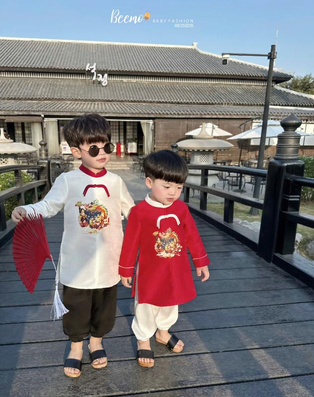 Set bộ áo dài nhi long Beemo vải tafta nhũ đứng form cho bé trai mặc sự kiện, tết, chụp hình 4635SDB
