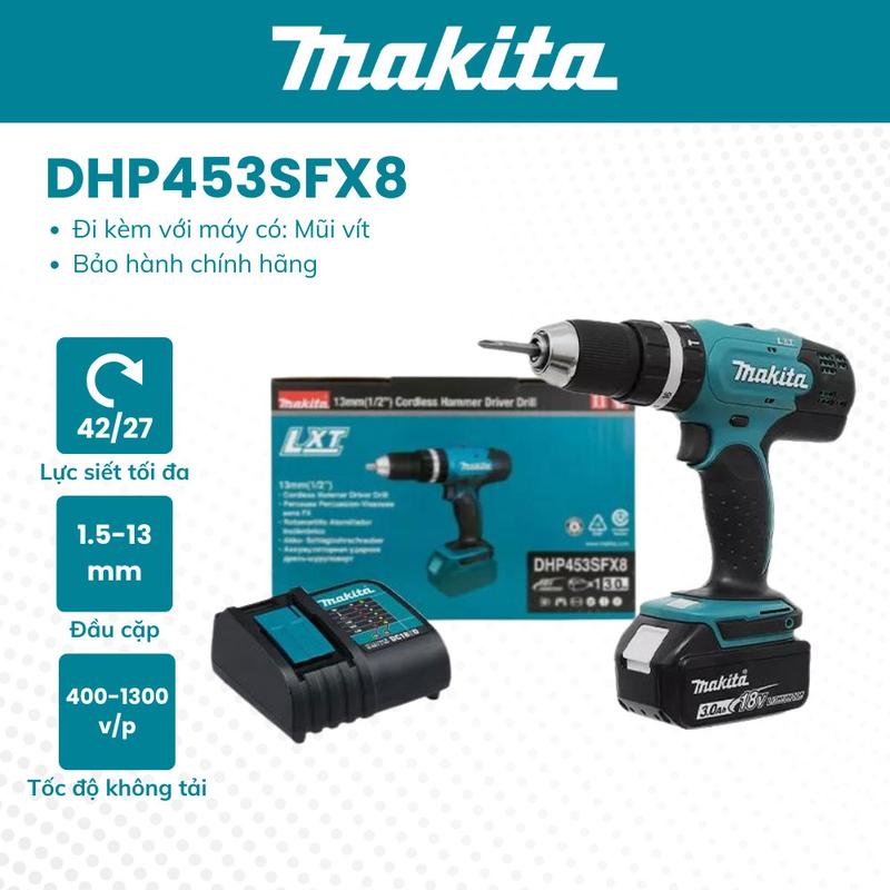 Máy khoan vặn vít dùng pin 18V Makita DHP453SFX8