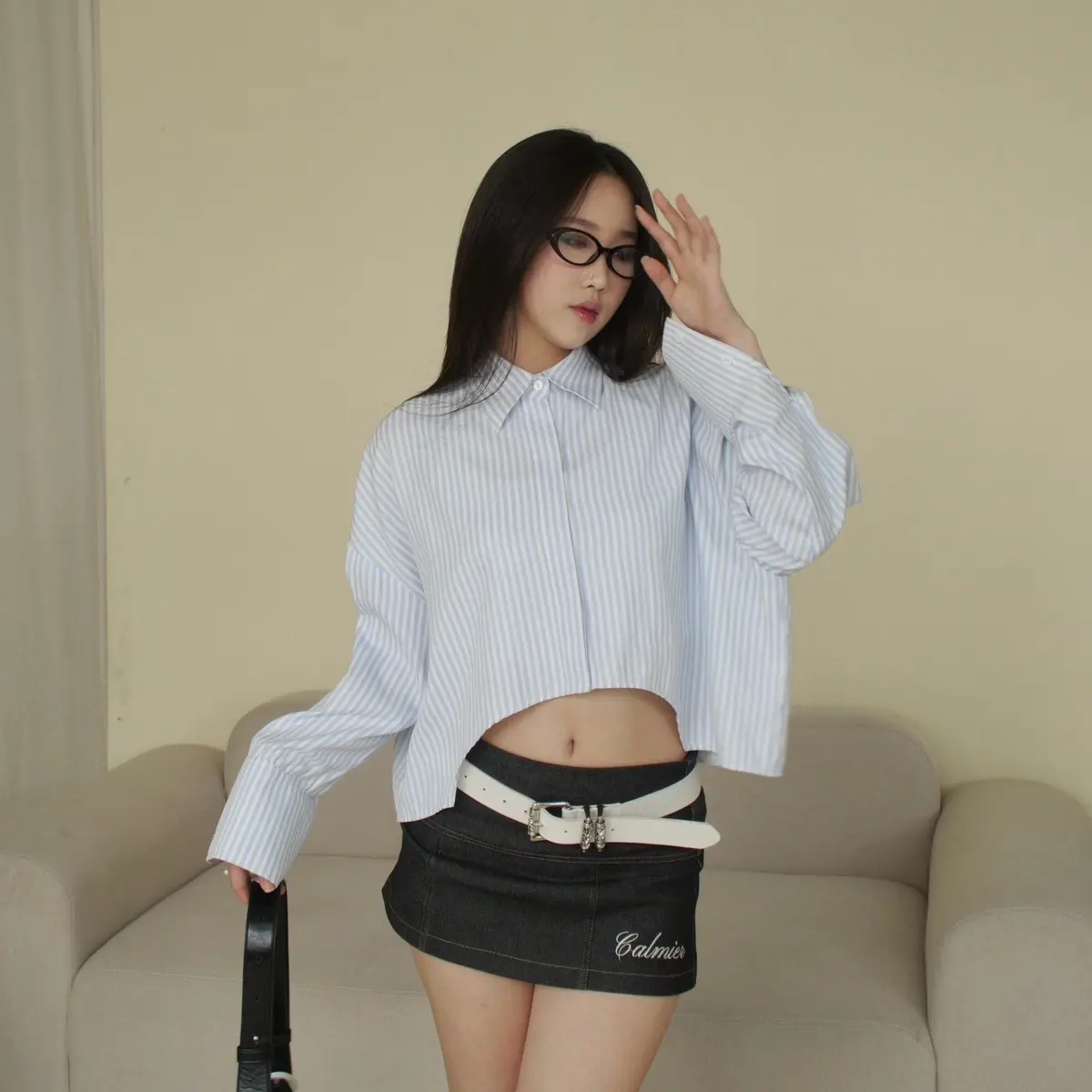 CALMIER - Áo Sơ Mi cropshirt KIDO kẻ sọc điểm nhấn hack eo