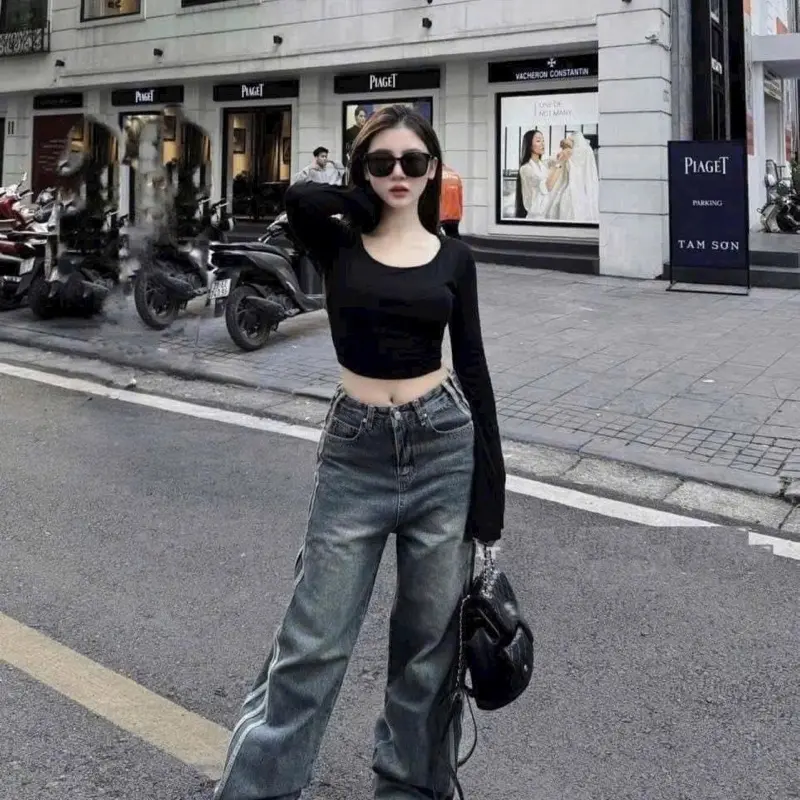 (S-L) MOC Quần jean dáng suông phối sọc siêu cá tính chất jean QC mềm mịn 003