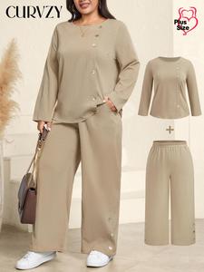 CURVZY Plus Size Two-Piece Set Solid Button Asymmetrical Design Top & Wide Leg Pants Set, Casual Long Sleeve Round Neck Top & Pocket Trousers, Women's Spring & Fall Clothes