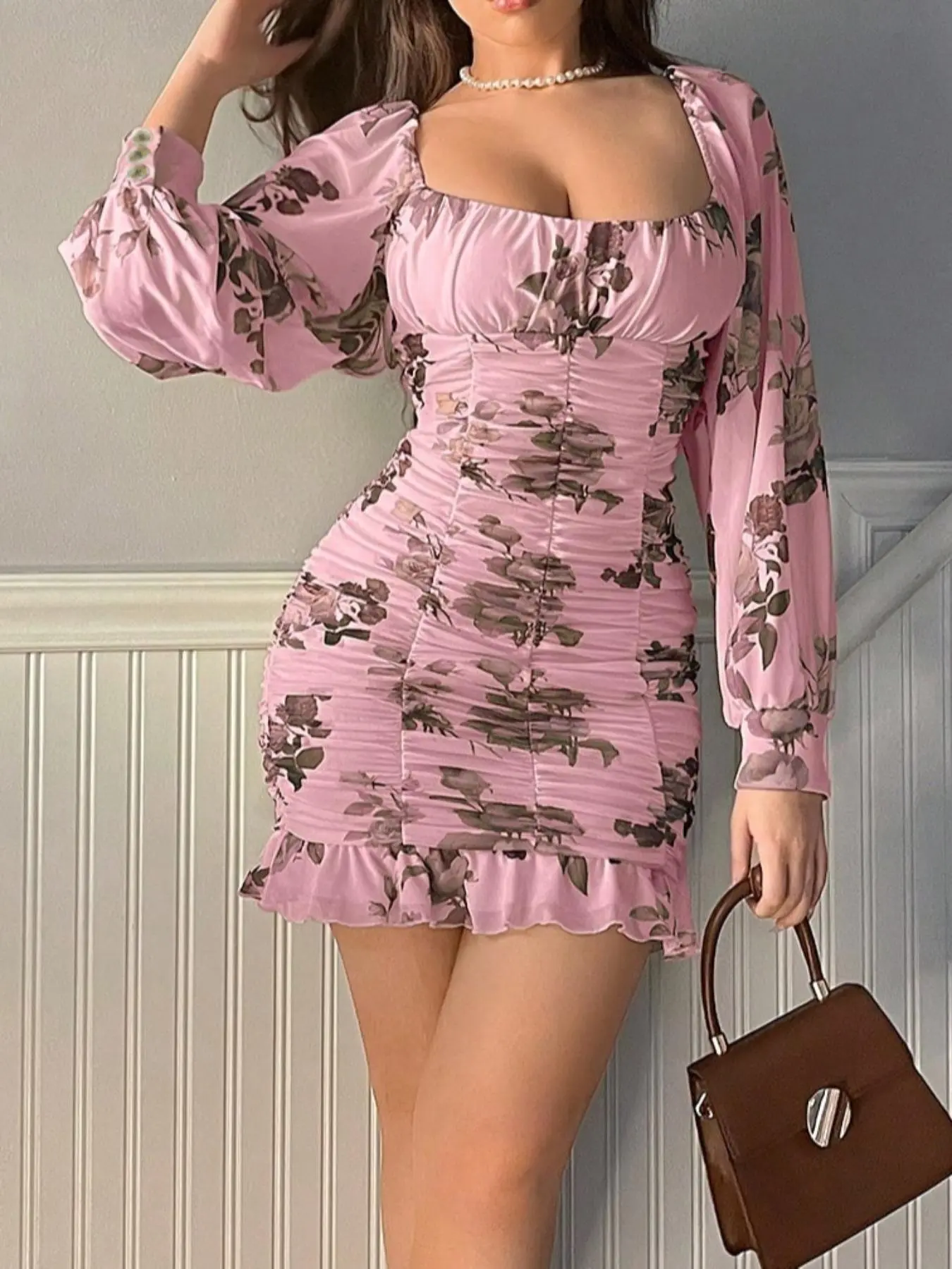 Women's Floral Print Shirred Dress, Elegant Tie Back Ruffle Trim Short Dress for Party Club Dating Wear, Ladies Spring & Fall Clothes