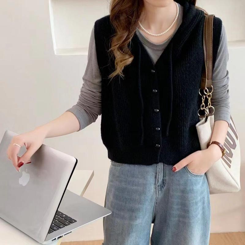 Áo Ghi Lê Cardigan Không Tay Có Mũ Trùm Đầu, Thiết Kế Ngắn, Hàng Mới Về, Áo Ghi Lê Dệt Kim, Áo Vest Dáng Rộng, Áo Khoác Len, Quần Áo Nữ, Năm 2024 8