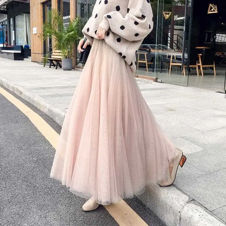 Skirt for Women New Korean Style of Fairy Net Long Skirt Gauze Skirt [3 Layers of Yarn + Inner Lining]