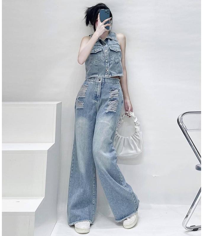 Set Jean thu đông Hugo Bassic áo vest Denim ngắn quần jean suông chất liệu Jean mềm mịn Top Nữ Women Pants Kem