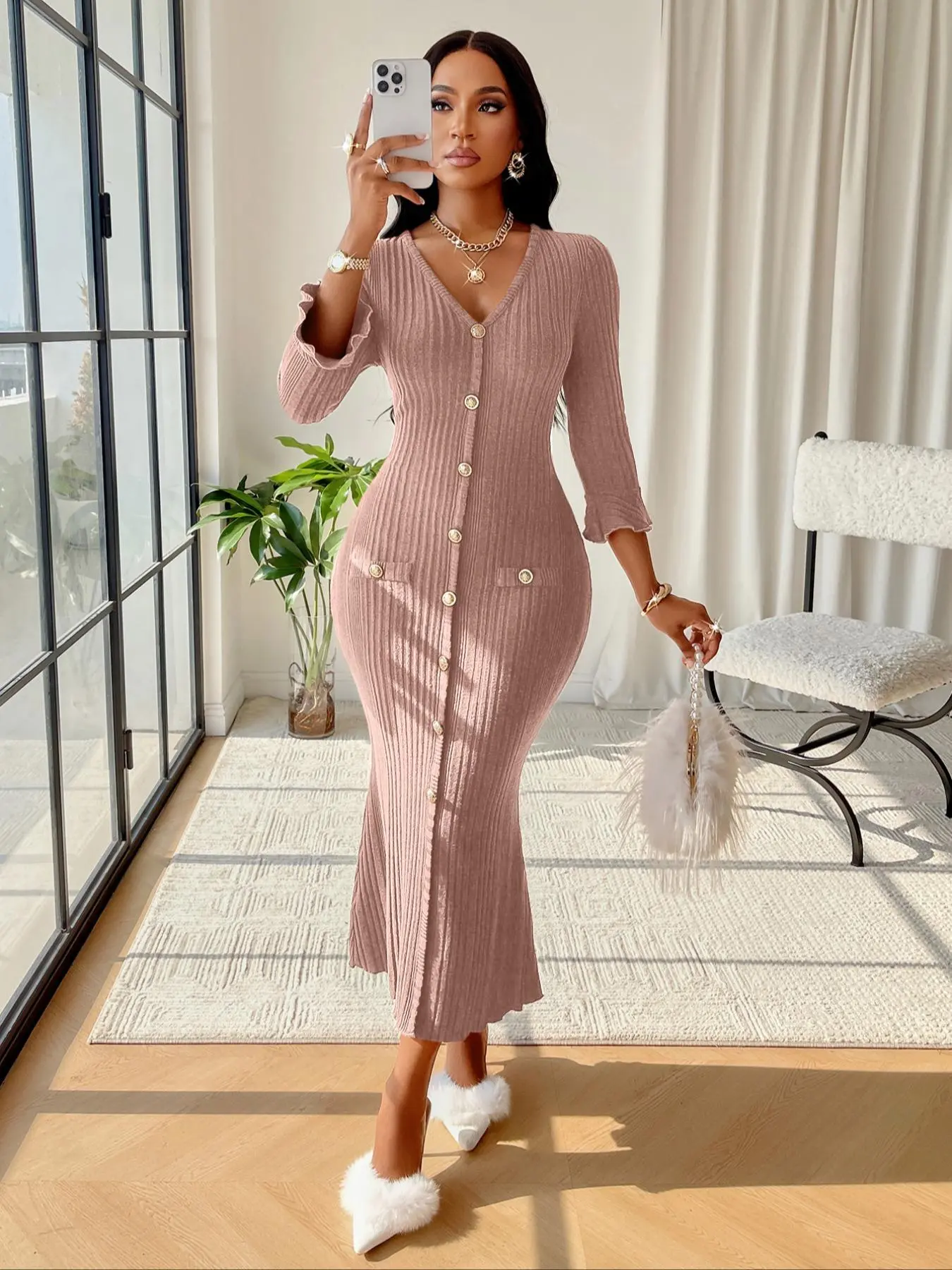 Aliling Women's Solid Color V Neck Button Knitting Dress, Elegant Fashion Long Sleeve Dress for Daily Outdoor Wear, Women Dress for Fall & Winter