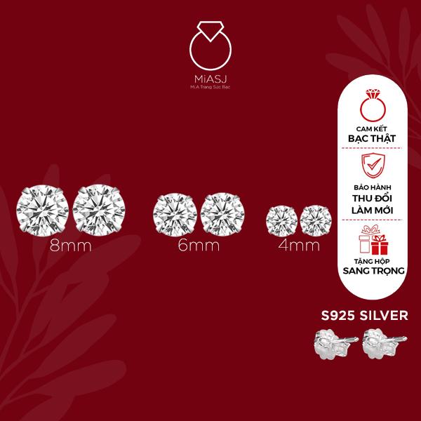 Bông tai hoa tai đá nụ tròn chốt đẩy bạc Ý S925 MiASJ kết đá Cz cao cấp siêu sáng nhiều size