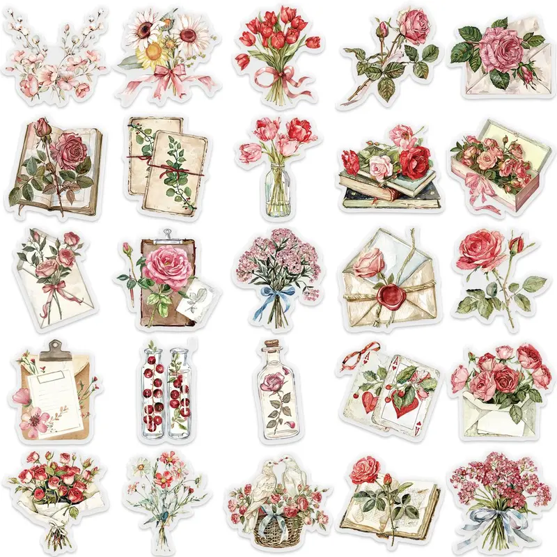 Vintage Rose Flower Scrapbooking Stickers, 50pcs Waterproof Clear Floral Decals for Scrapbook, Journals, Planners, Envelope, Gift Wrapping 3