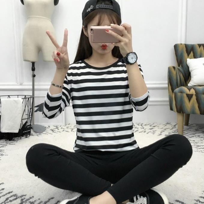 Áo Thun Nữ Dài Tay, F # 029, Dáng Rộng Vừa Vặn, Có Lớp Lót Bên Trong Và Có Thể Mặc Bên Ngoài, Thích Hợp Cho Mùa Thu Và Mùa Xuân, Sọc Đen Và Trắng, Vừa Vặn Tuyệt Vời, Thời Trang, Top Women Cổ Tròn 2